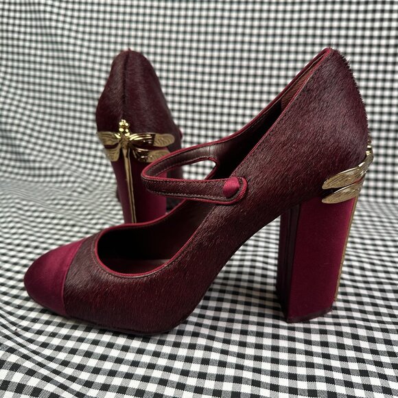 Tory Burch Satin Burgundy Red Mary Jane Imogene Gold Dragonfly Heel Women's 8.5 - Picture 1 of 6